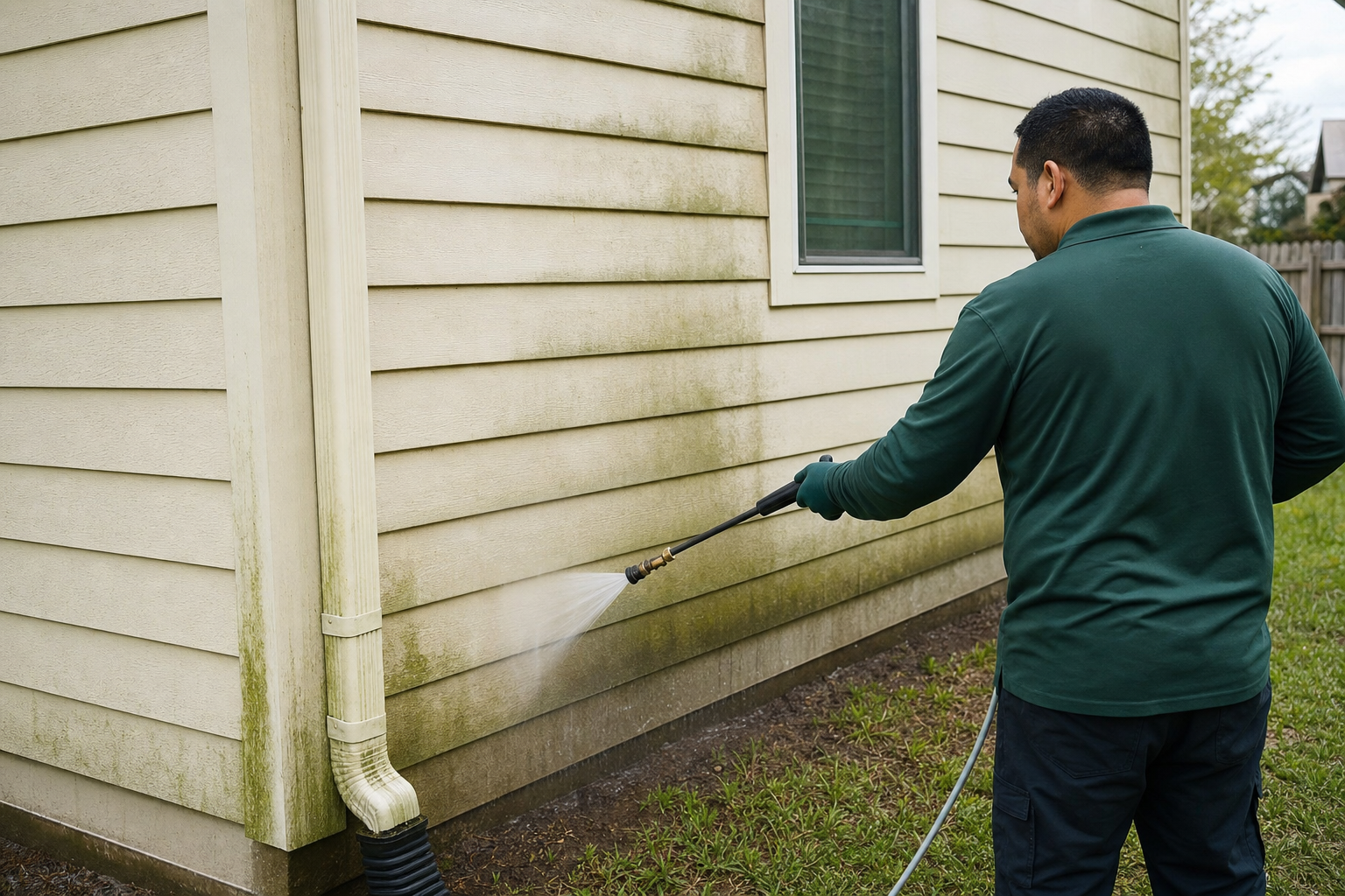 Technician low-pressure soft washing green mildew off a Houston home's fiber cement siding