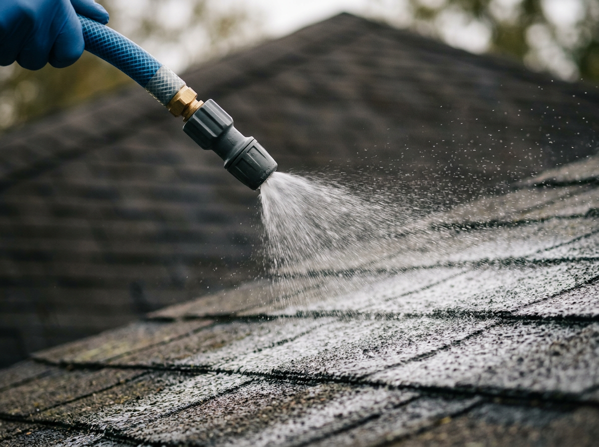 Close-up of soft-wash fan-spray nozzle gently misting cleaning solution onto asphalt shingles