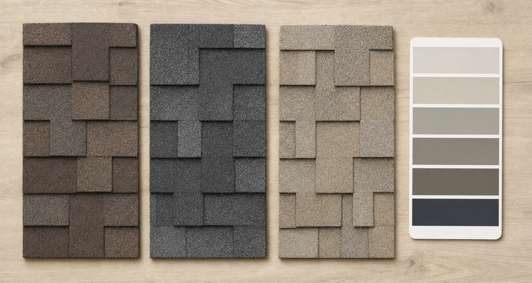 Muted architectural shingle color samples in weathered wood, charcoal, and driftwood tones next to a color palette