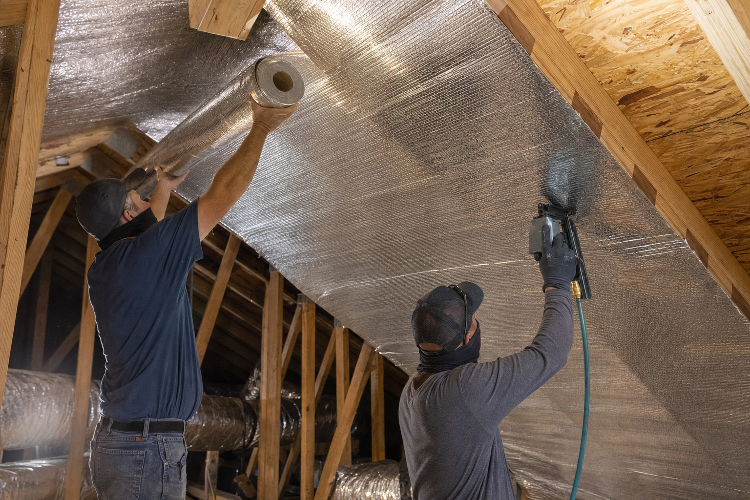 DC Pines installers rolling out and stapling perforated radiant barrier foil in a Houston attic