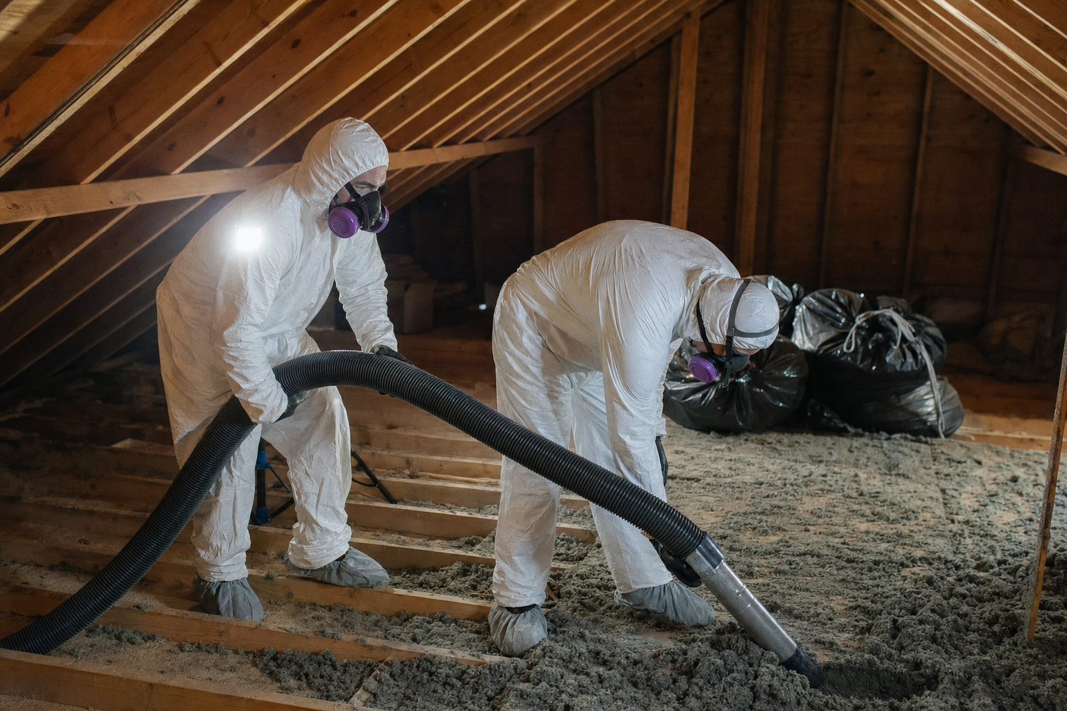 HEPA vacuum removal of contaminated attic insulation by DC Pines crew in Tyvek PPE