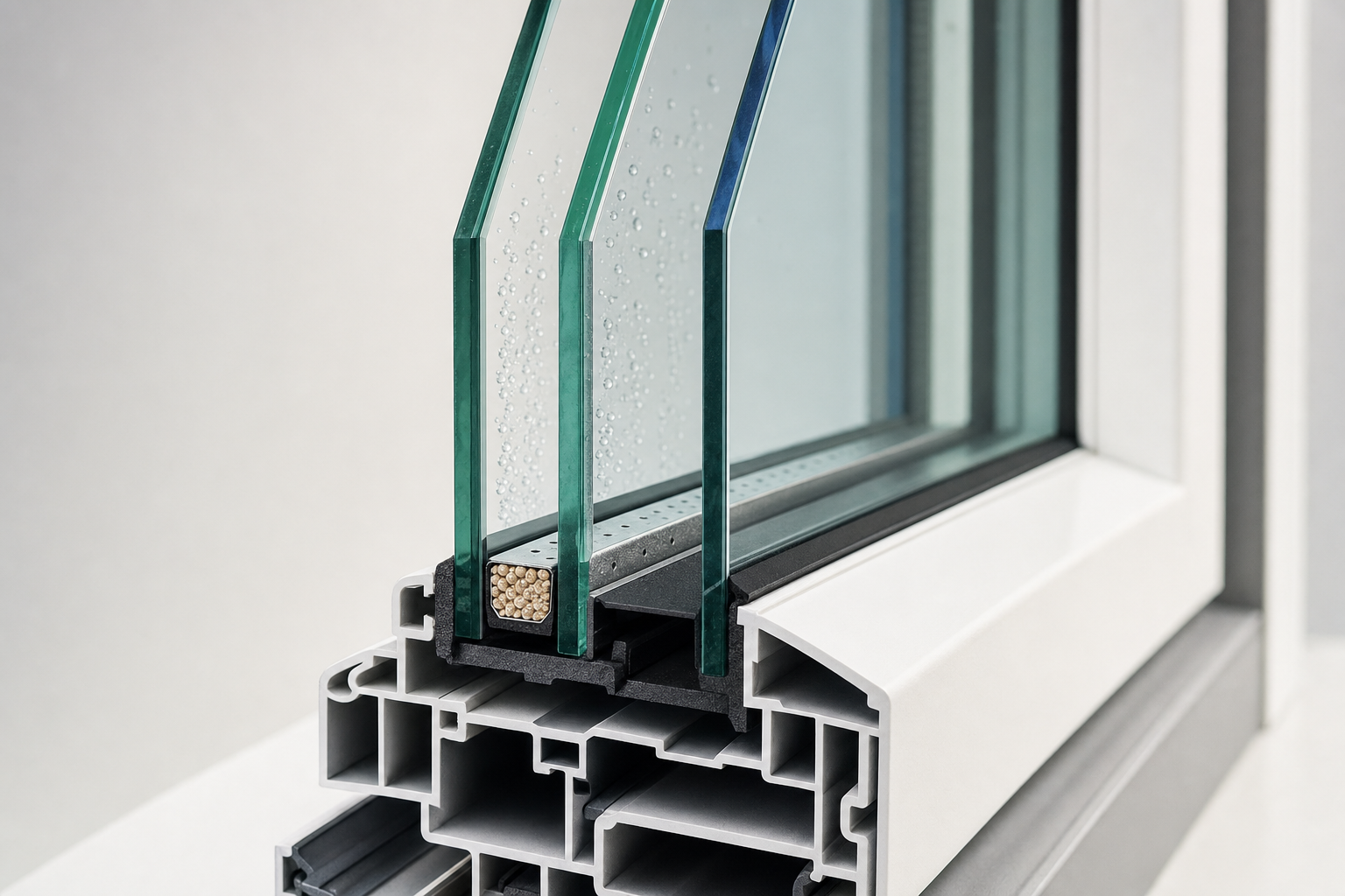 Cutaway view of a modern double-pane insulated window showing glass layers spacer bar and desiccant fill