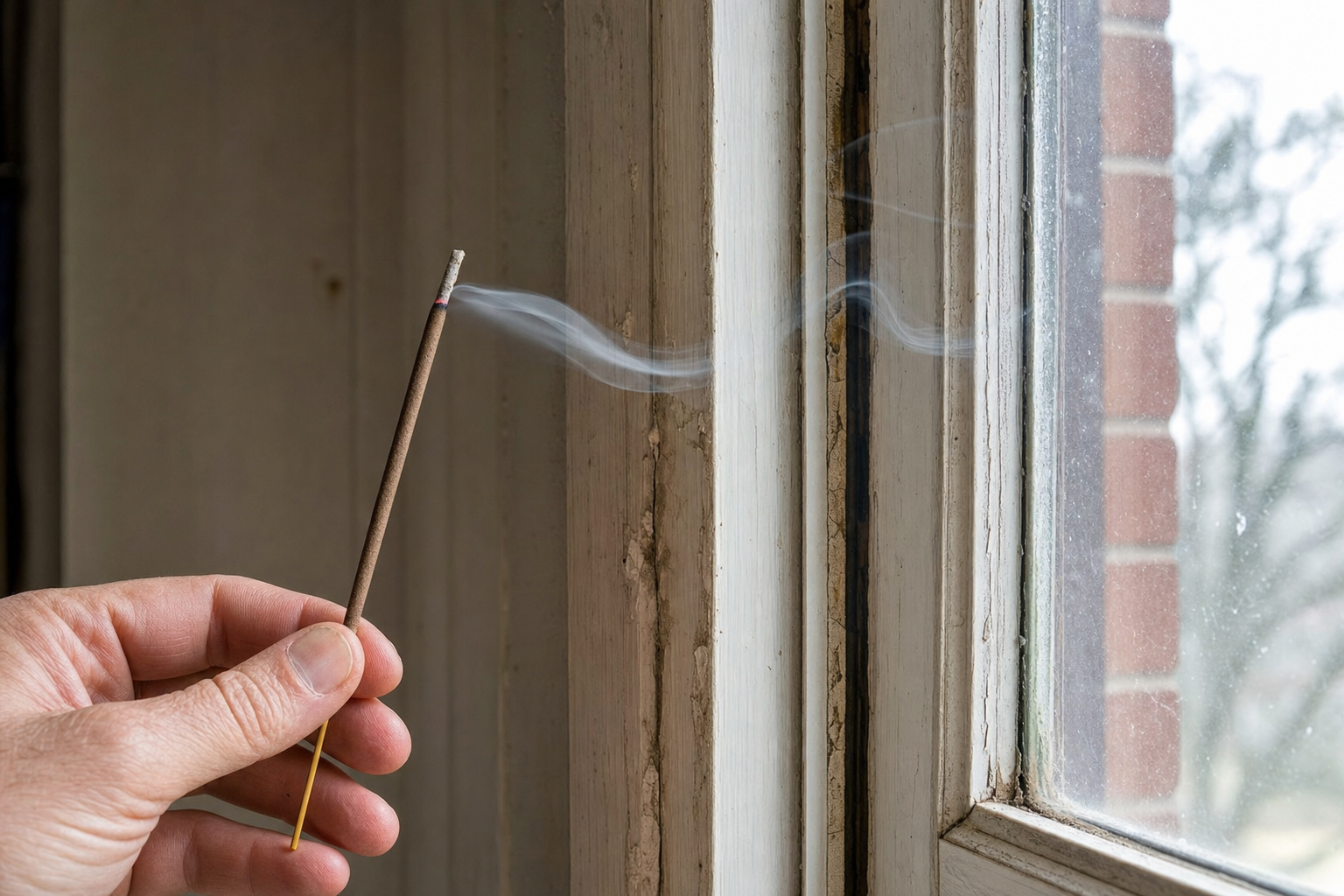 Incense stick smoke trail bending sideways next to a window frame demonstrating the draft test for air leaks