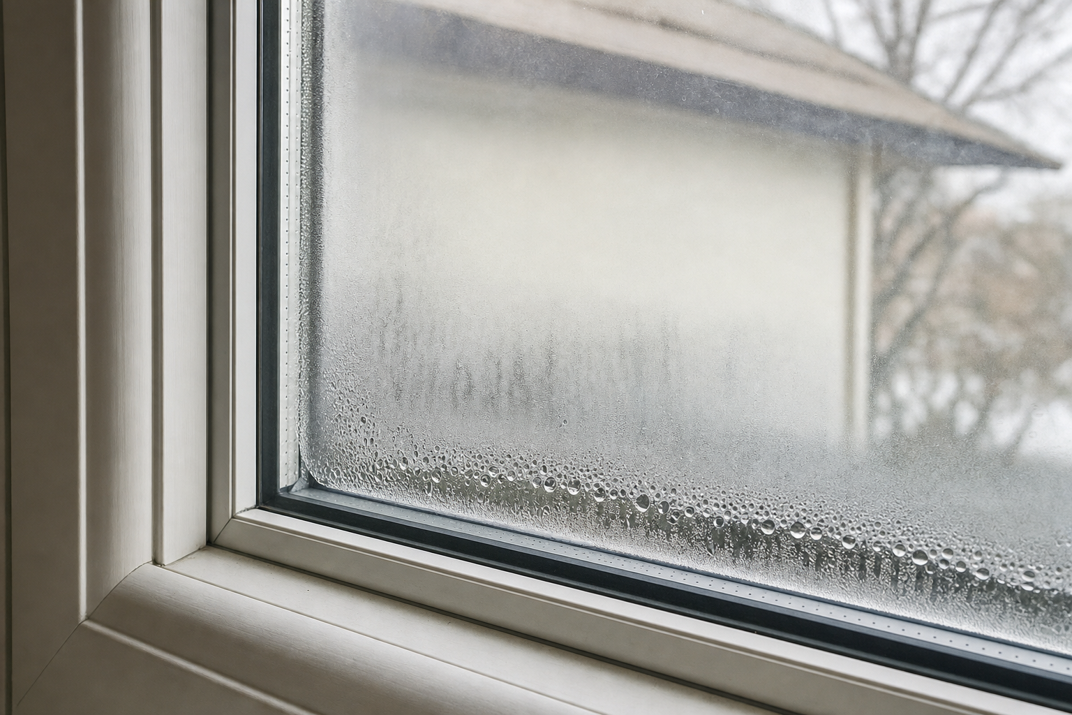Close-up of foggy condensation trapped between double-pane window glass indicating a failed insulated glass seal