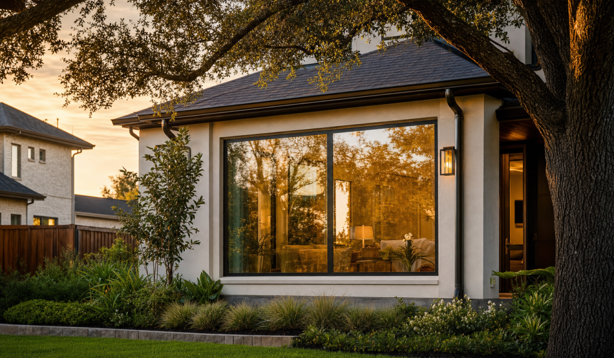 Modern Houston home exterior at golden hour with large picture window showing warm evening light