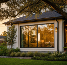 Modern Houston home exterior at golden hour with large picture window showing warm evening light