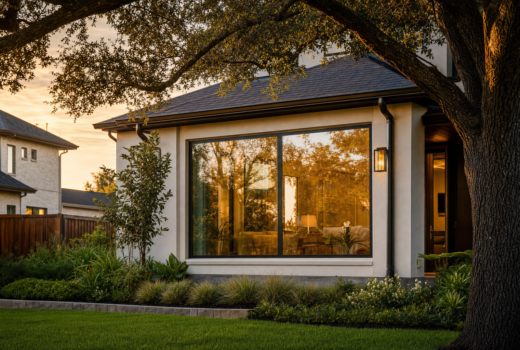 Modern Houston home exterior at golden hour with large picture window showing warm evening light