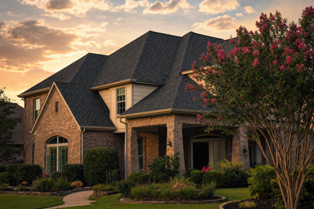 Houston brick home with a new CertainTeed roof at sunset