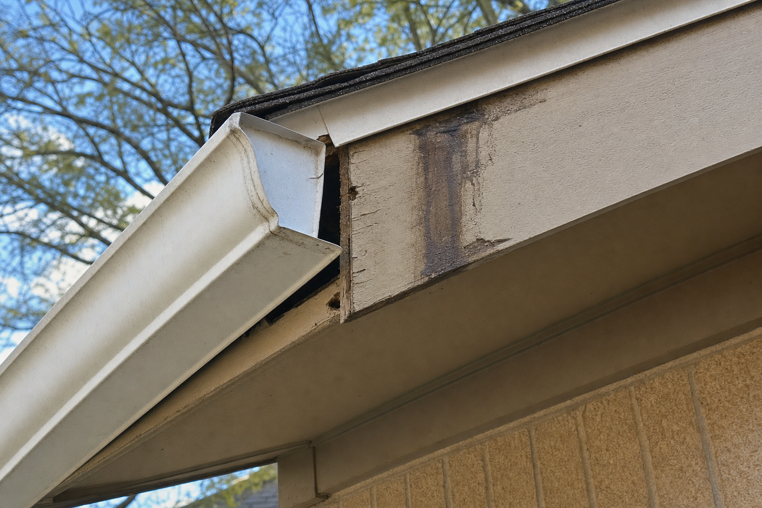 Gutter pulling away from fascia with dark moisture stain streaking down the fascia board