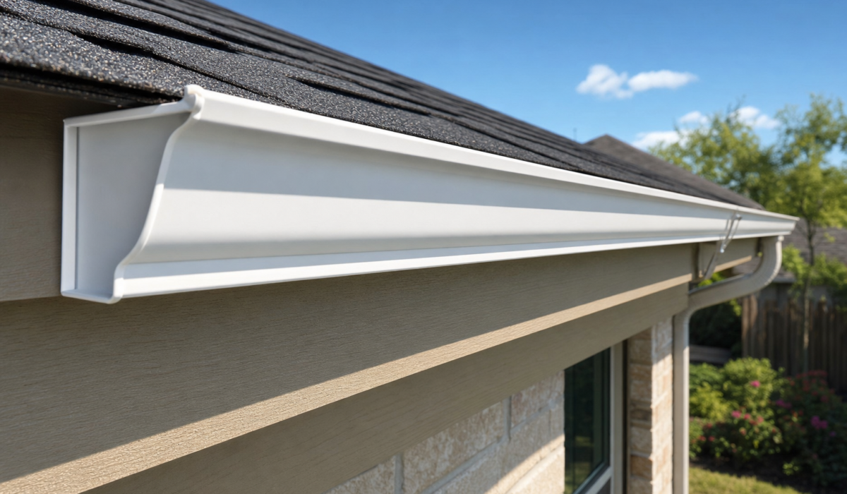 White aluminum K-style gutter along the fascia of a Houston home eave