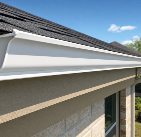 White aluminum K-style gutter along the fascia of a Houston home eave