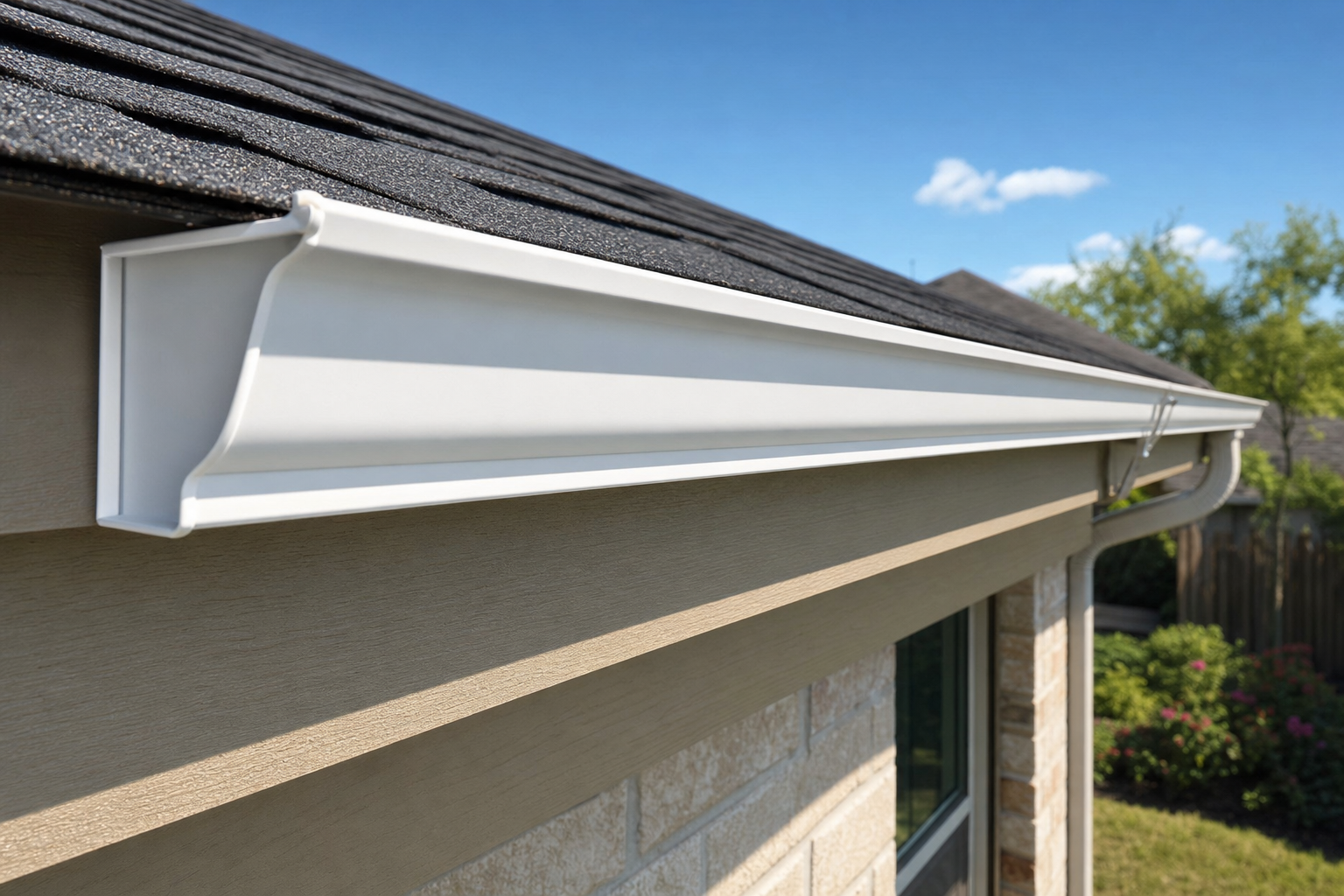White aluminum K-style gutter along the fascia of a Houston home eave