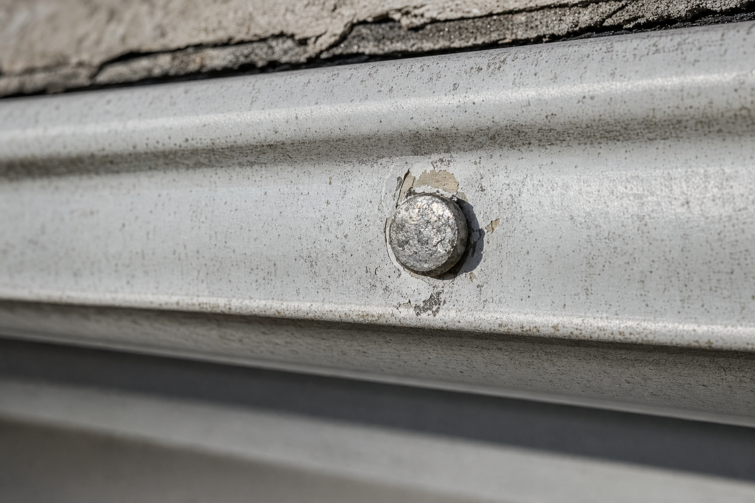 Spike-and-ferrule fastener head visible on the face of an aged aluminum gutter with paint wear