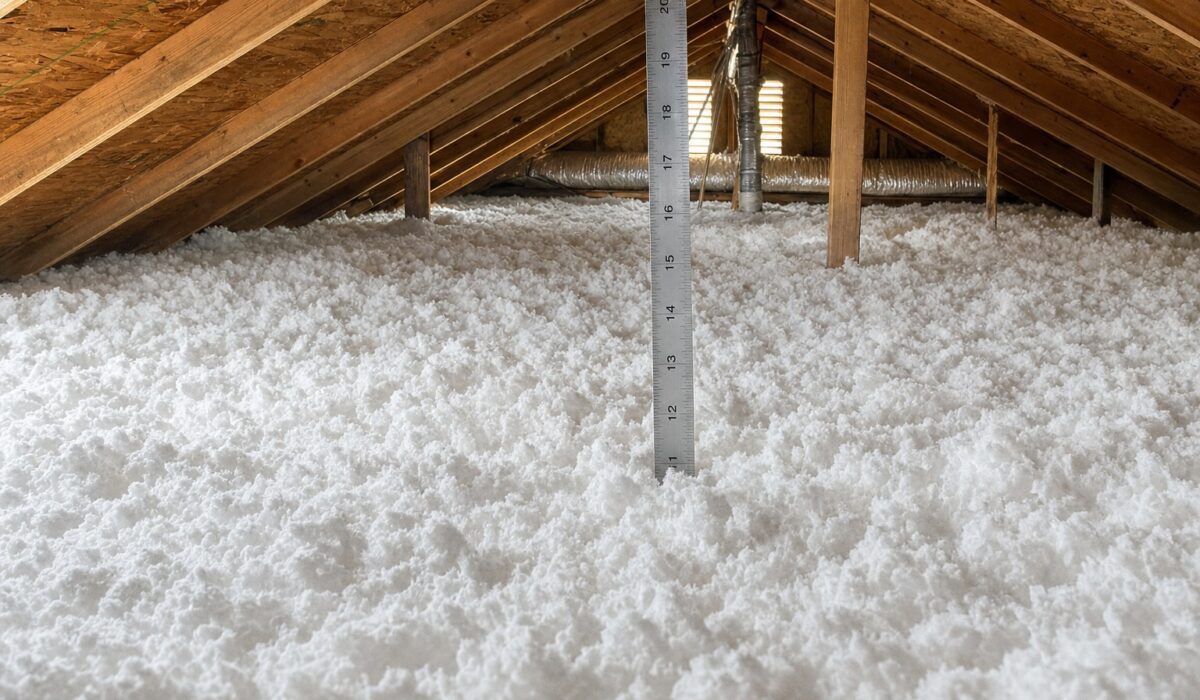 Deep blown-in fiberglass attic insulation with ruler showing depth for Houston R-49 target