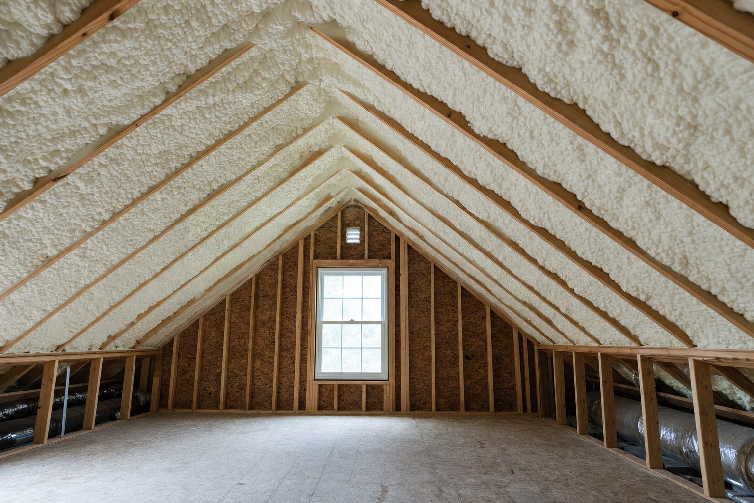 Open-cell spray foam on the underside of an attic roof deck