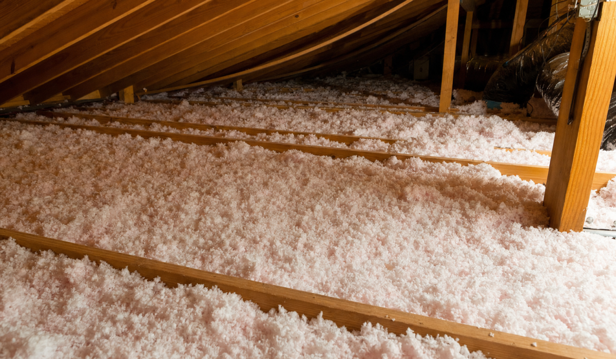 Houston attic with thick blown-in fiberglass insulation covering attic floor between wood ceiling joists showing depth for R-38 to R-60 target