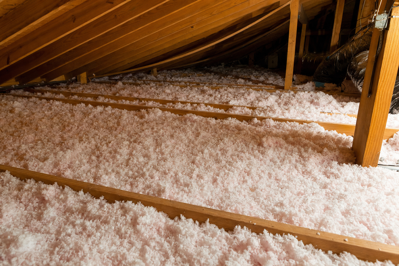 Houston attic with thick blown-in fiberglass insulation covering attic floor between wood ceiling joists showing depth for R-38 to R-60 target