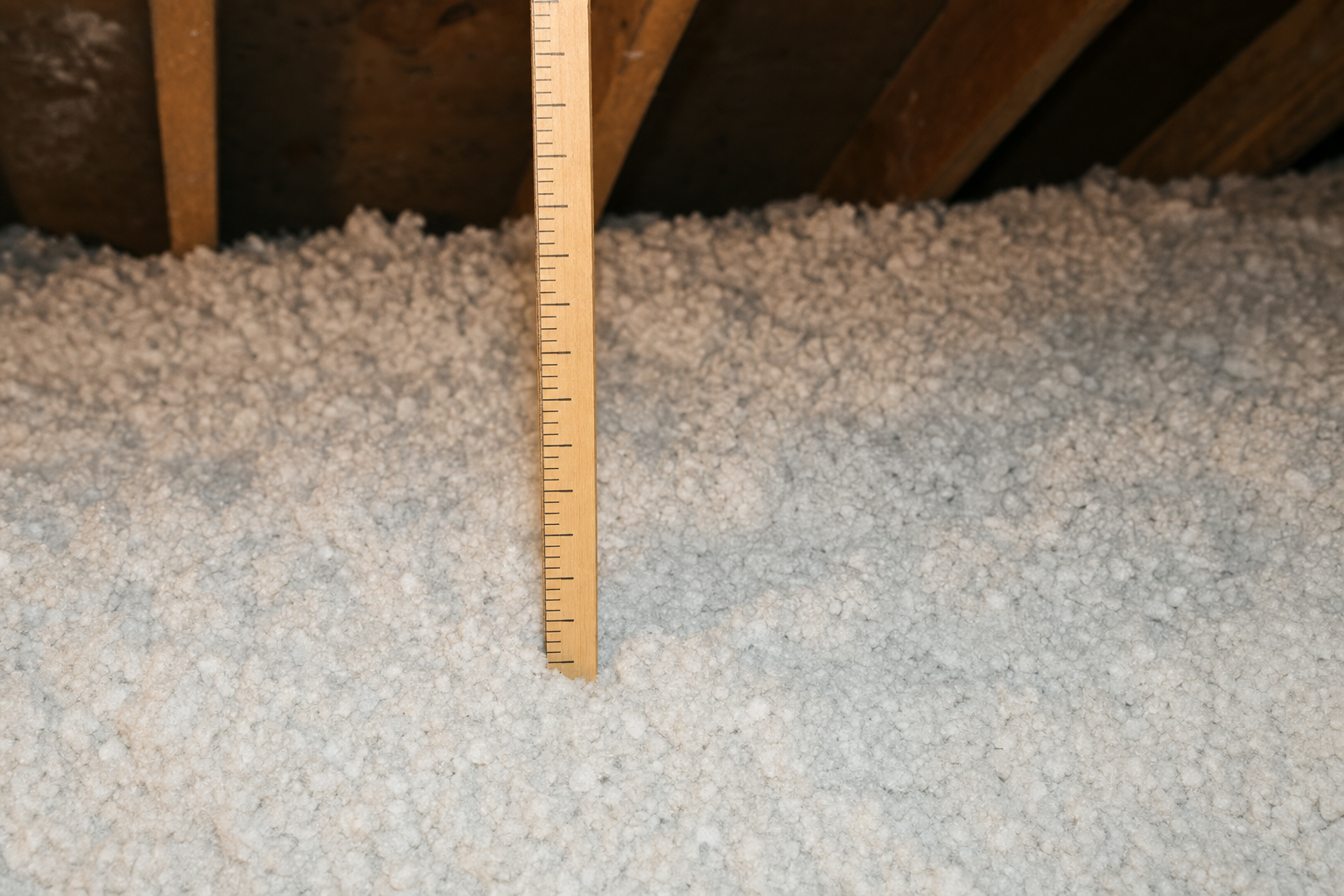 Wooden ruler measuring depth of blown-in attic insulation to verify R-value against installed thickness
