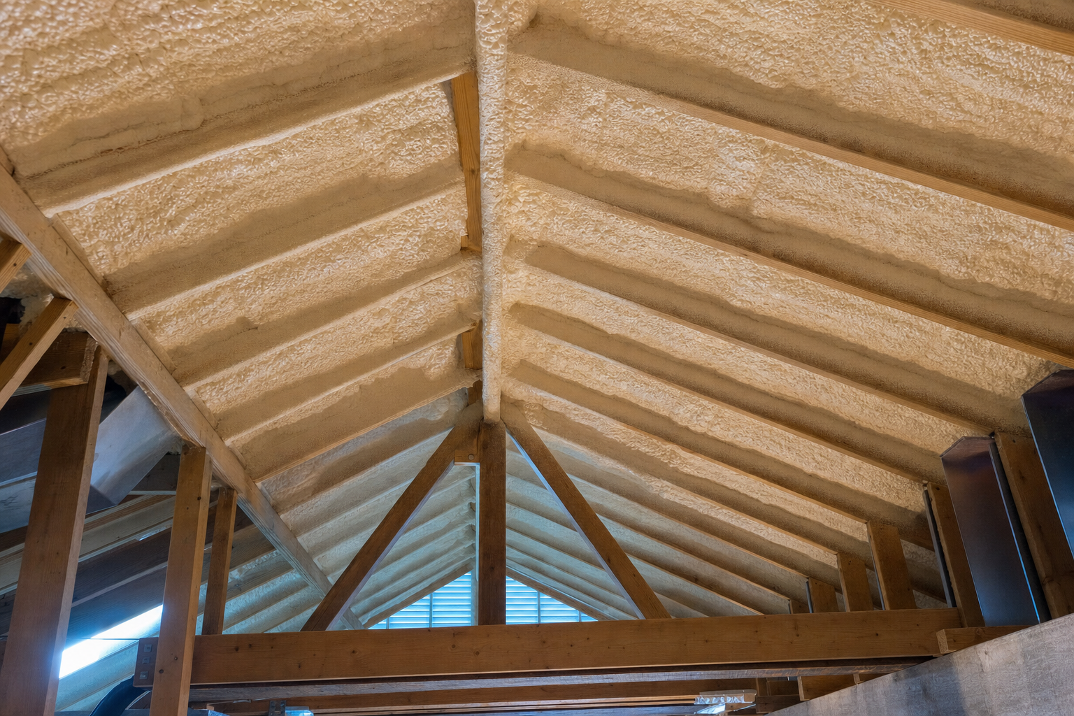 Closed-cell spray foam insulation applied to underside of residential roof deck and rafters in an unvented attic assembly