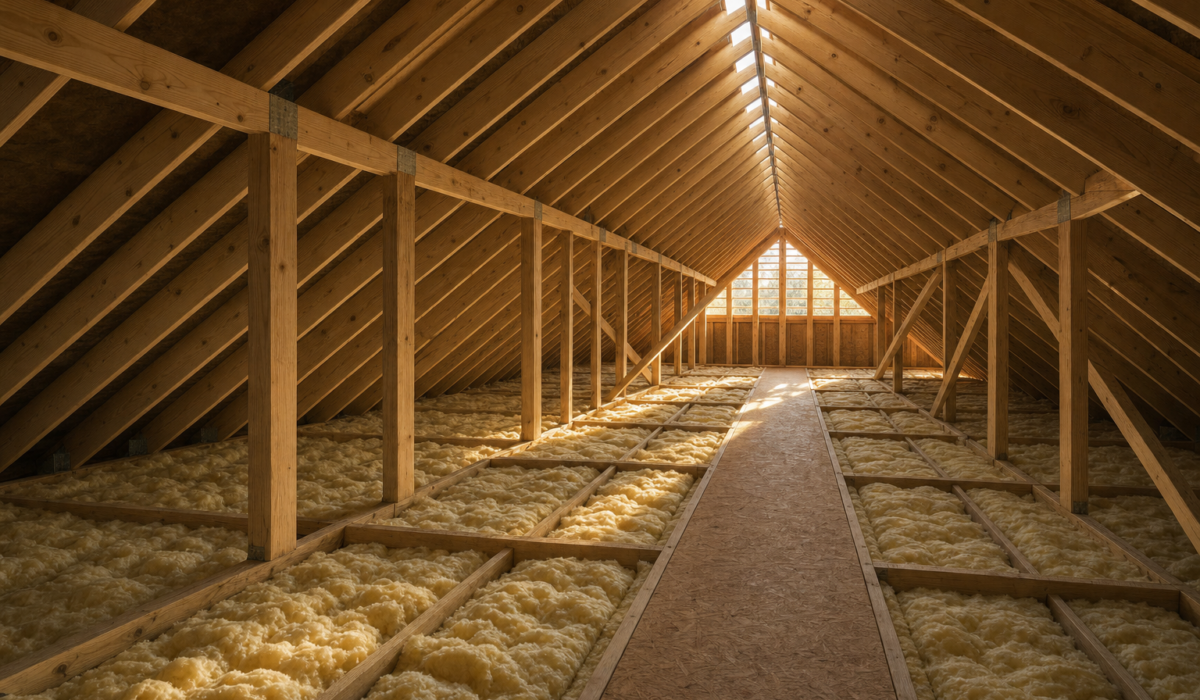 Houston attic interior showing exposed roof trusses gable vent ridge vent and insulation batts between joists for balanced ventilation
