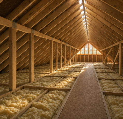 Houston attic interior showing exposed roof trusses gable vent ridge vent and insulation batts between joists for balanced ventilation