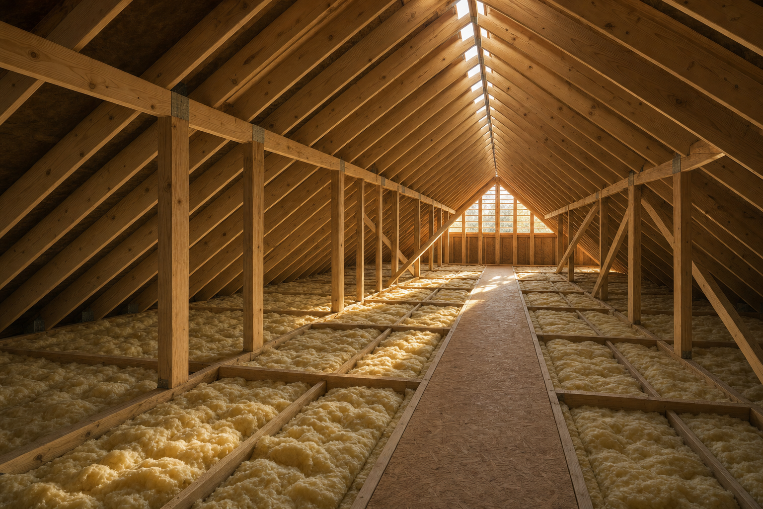 Houston attic interior showing exposed roof trusses gable vent ridge vent and insulation batts between joists for balanced ventilation