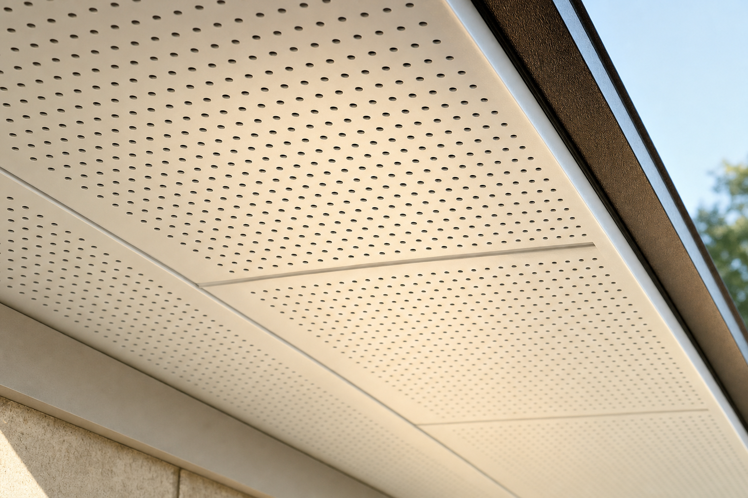 Perforated aluminum soffit vent panel installed under a Houston home eave overhang providing low intake air for balanced attic ventilation