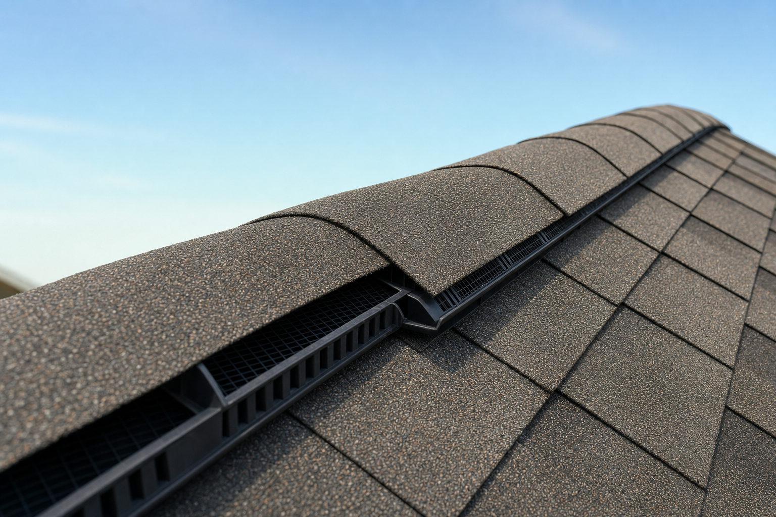 Continuous ridge vent installation at the peak of a Houston asphalt shingle roof providing high exhaust for balanced attic airflow