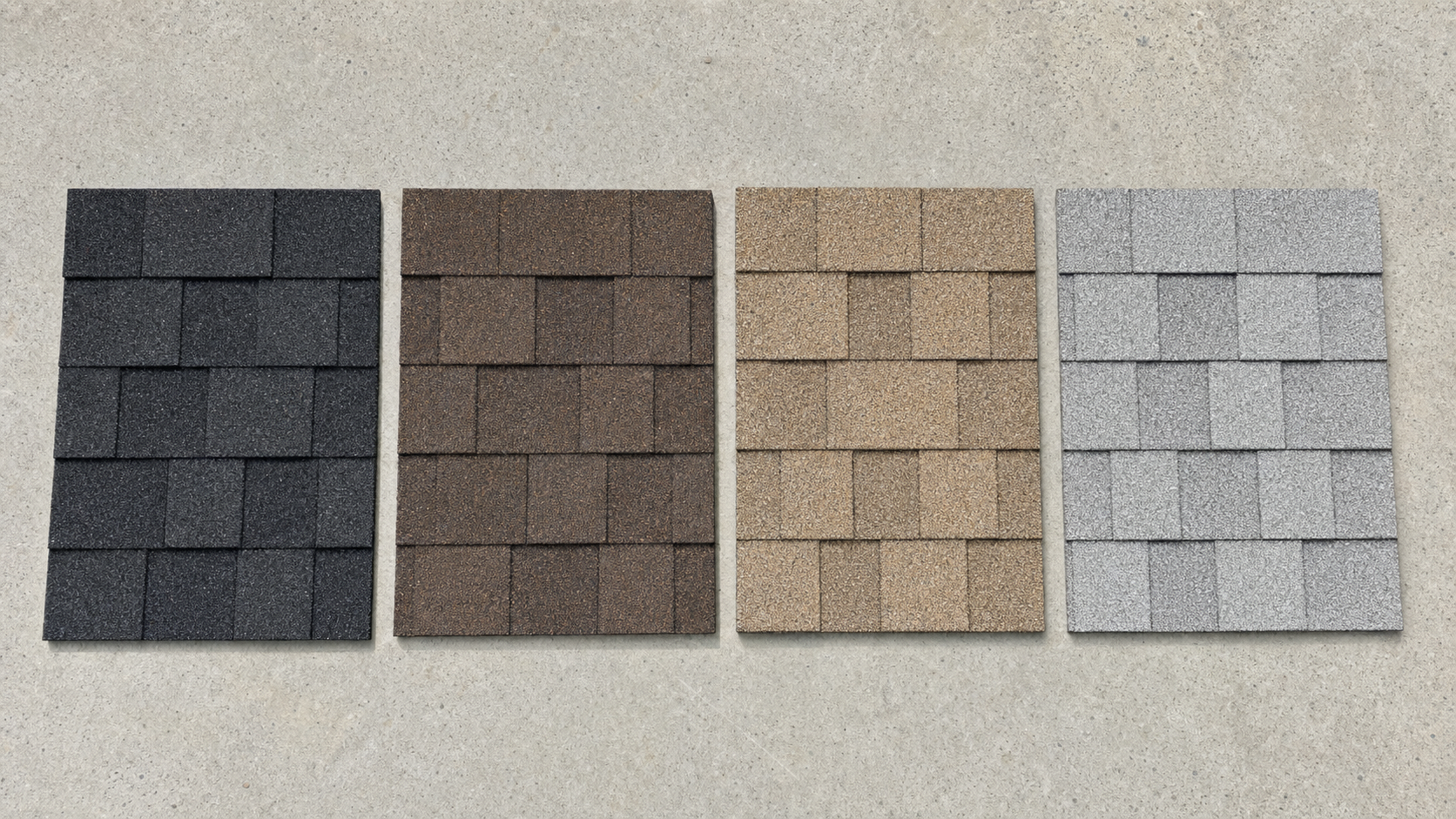 Four asphalt shingle color samples from dark to light showing the visual range of Houston cool-roof options