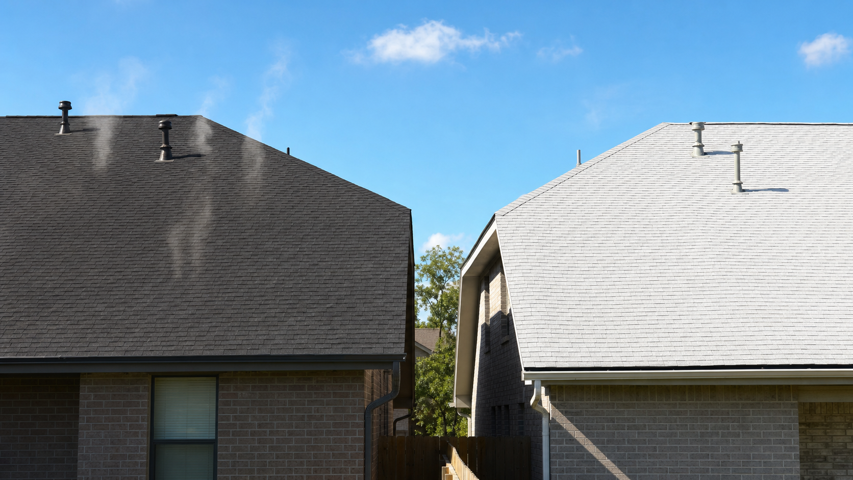 Two adjacent Houston homes with a dark charcoal roof on the left and a light-colored cool-roof shingle roof on the right