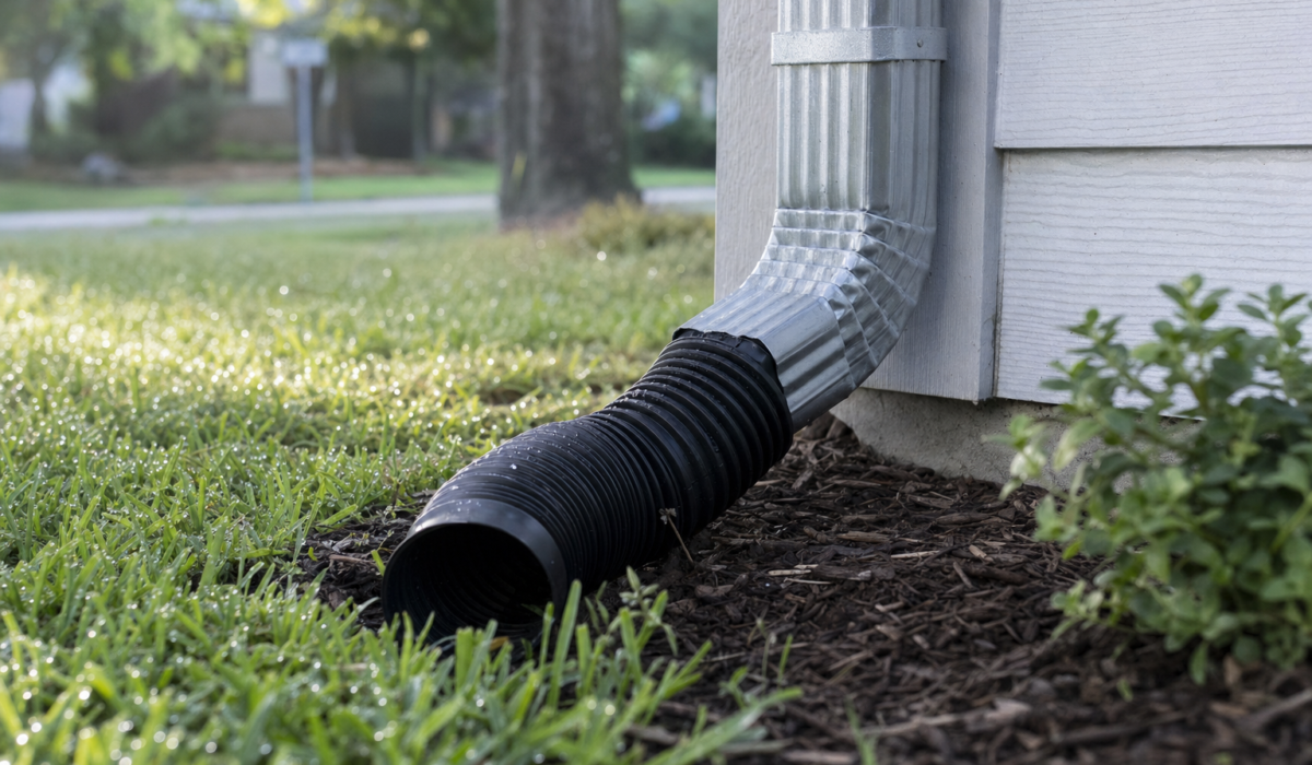 Aluminum downspout with a flexible black extension pipe carrying water away from a Houston home foundation on a dewy morning
