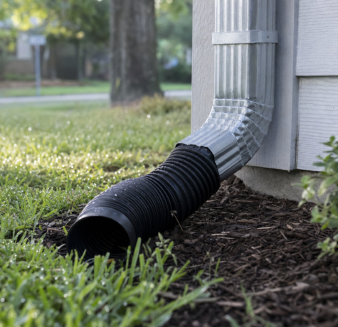 Aluminum downspout with a flexible black extension pipe carrying water away from a Houston home foundation on a dewy morning