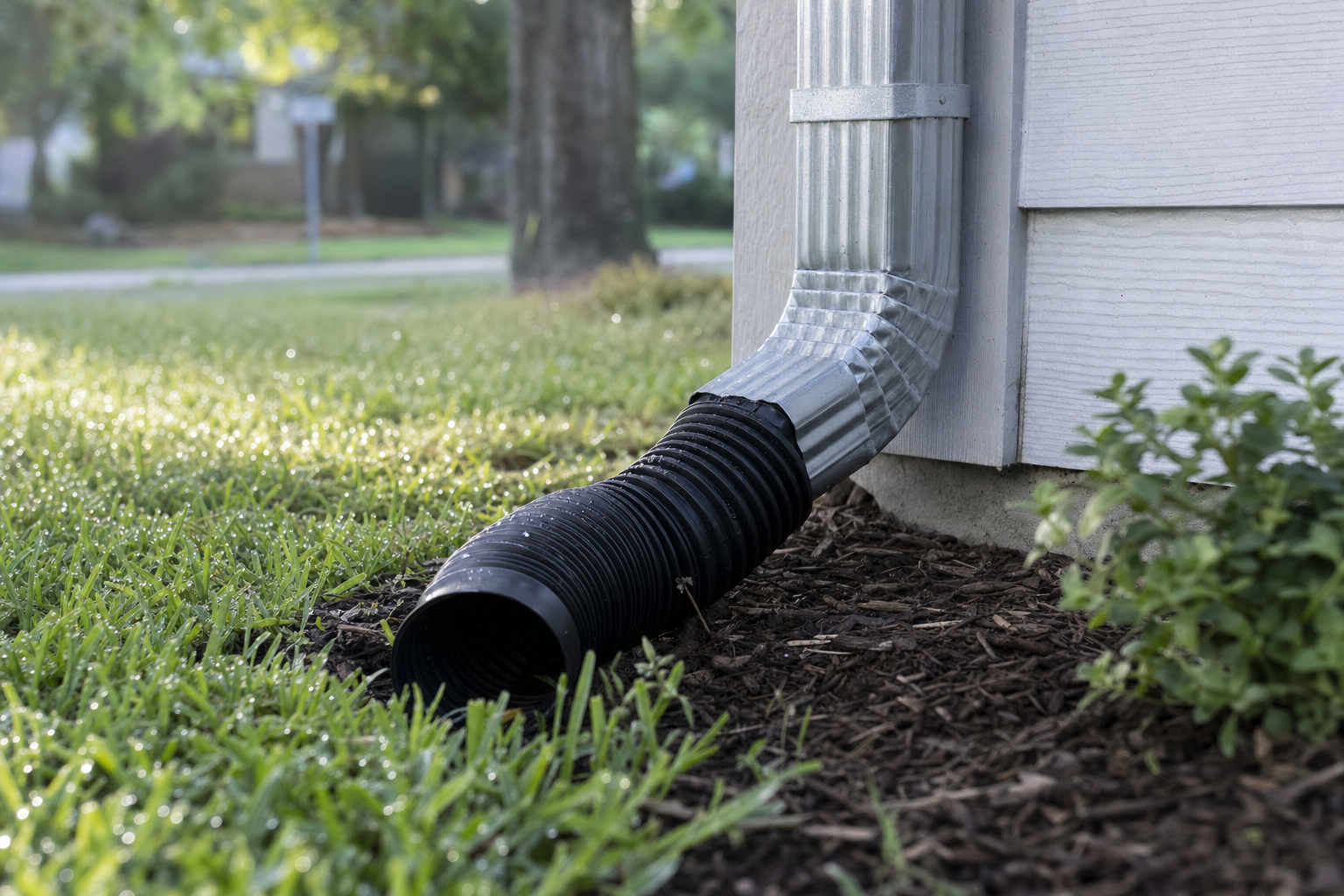 Aluminum downspout with a flexible black extension pipe carrying water away from a Houston home foundation on a dewy morning