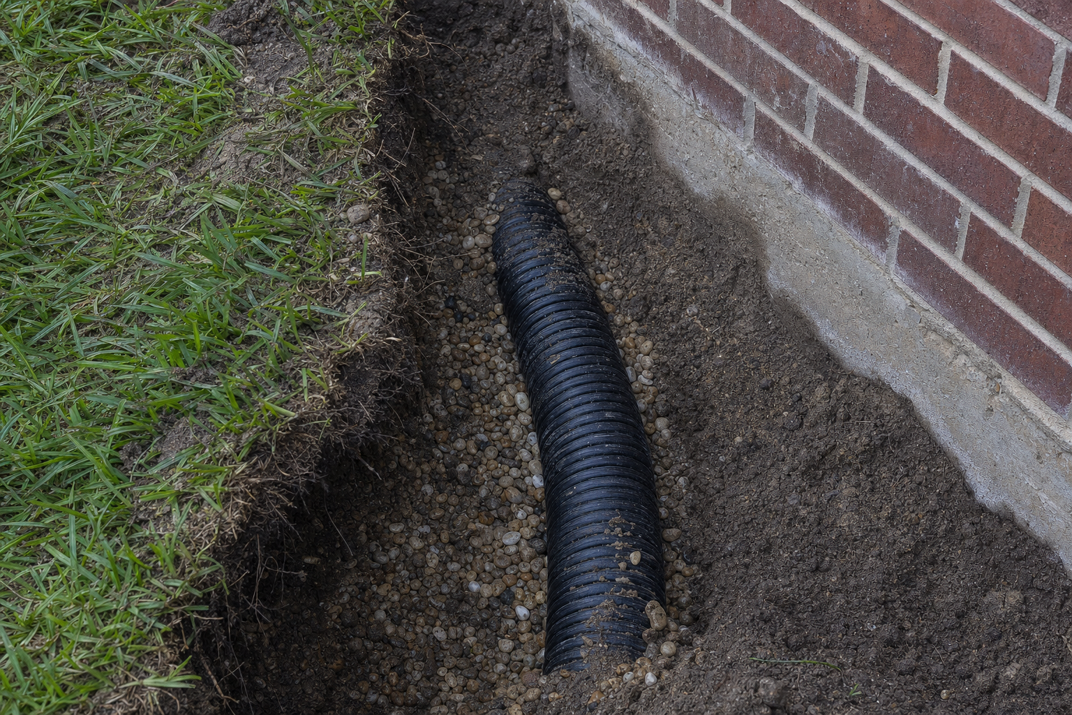 Black corrugated 4-inch drain pipe installed in a shallow gravel trench beside a Houston residential brick foundation