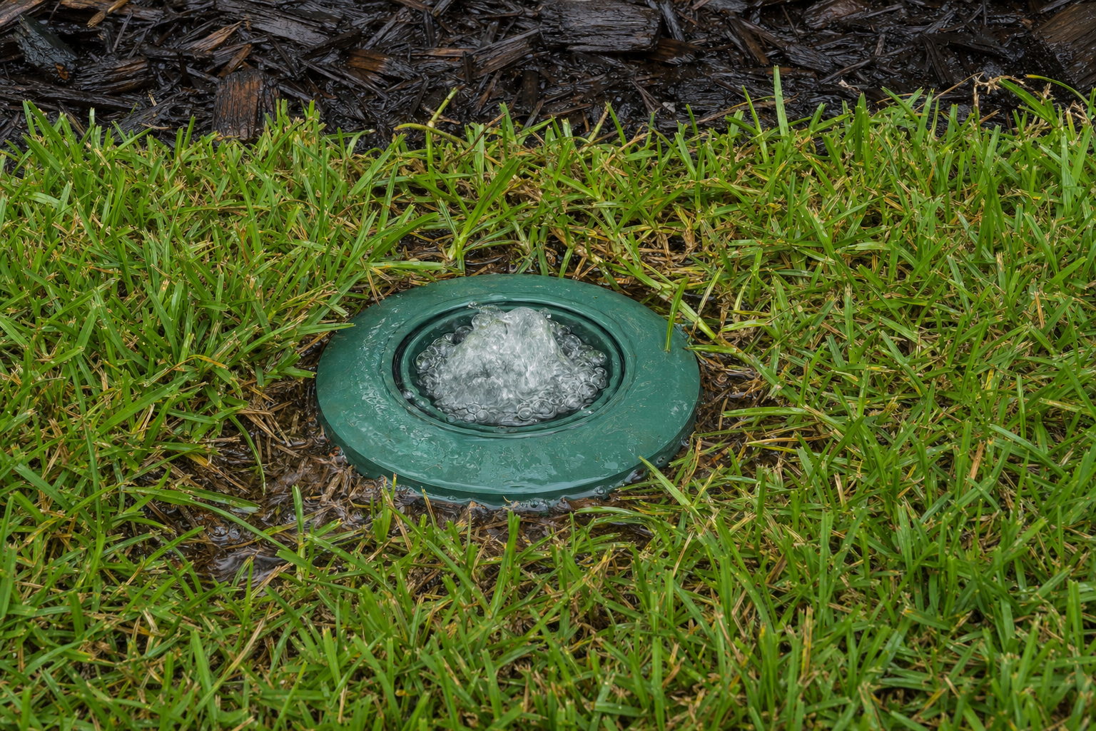Green pop-up drainage emitter in a Houston lawn releasing water at the end of a downspout underground line