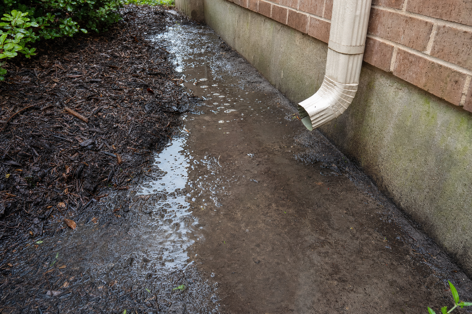 Downspout terminating at grade against a Houston brick foundation with pooling water and washed-out mulch showing splash damage