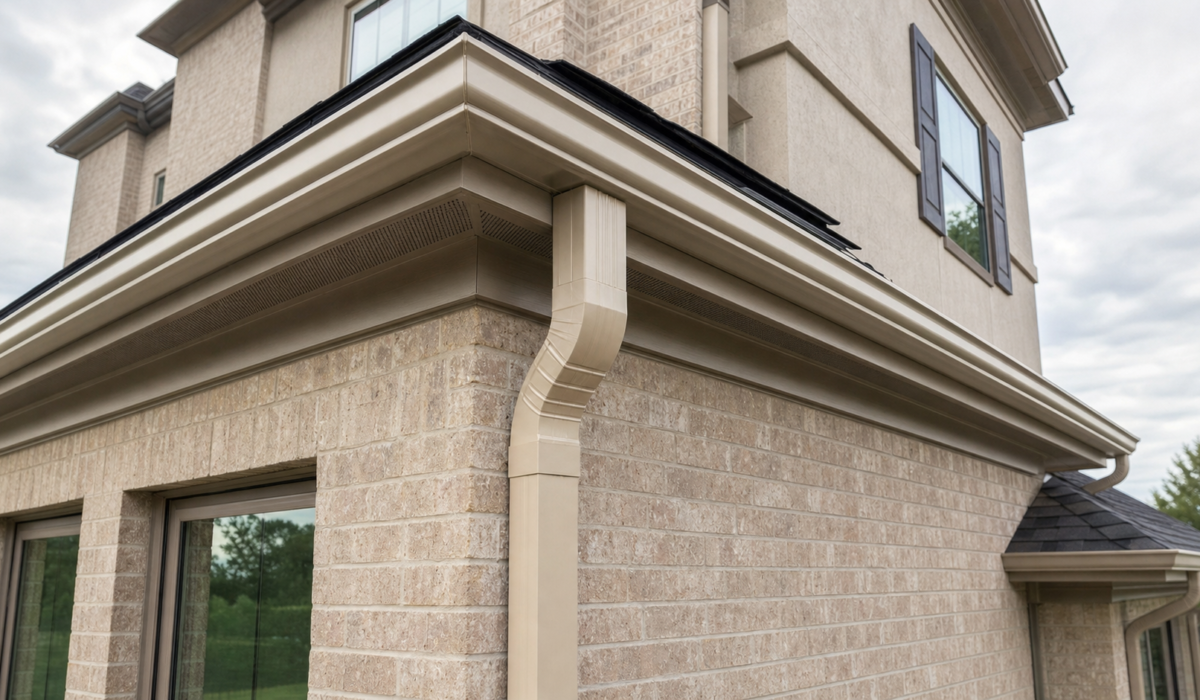 Houston home corner showing K-style aluminum gutter and 3x4 downspout against brick