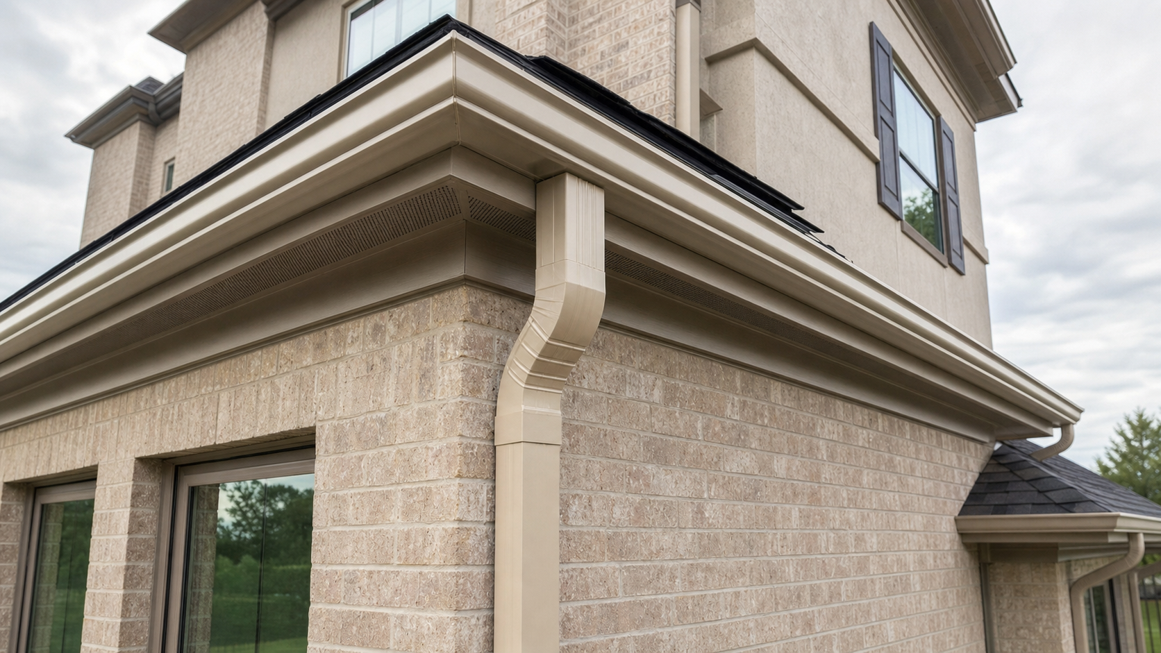 Houston home corner showing K-style aluminum gutter and 3x4 downspout against brick