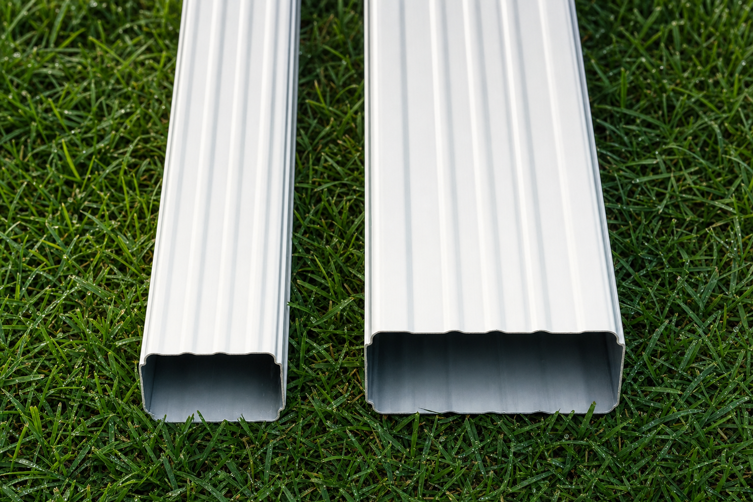 2x3 and 3x4 aluminum downspouts side by side showing the size difference for Houston rainfall