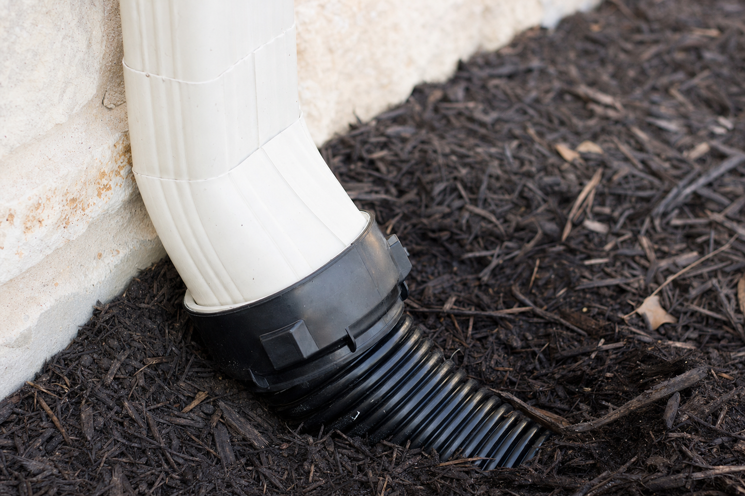 Downspout connected to underground drainage pipe routing rainwater away from a home foundation
