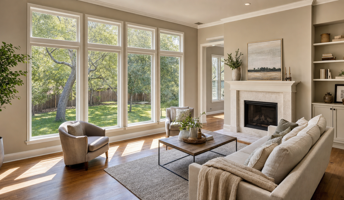 Bright Houston living room interior with tall double-hung windows looking onto a backyard with mature oak trees