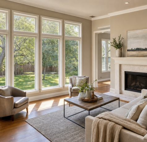 Bright Houston living room interior with tall double-hung windows looking onto a backyard with mature oak trees