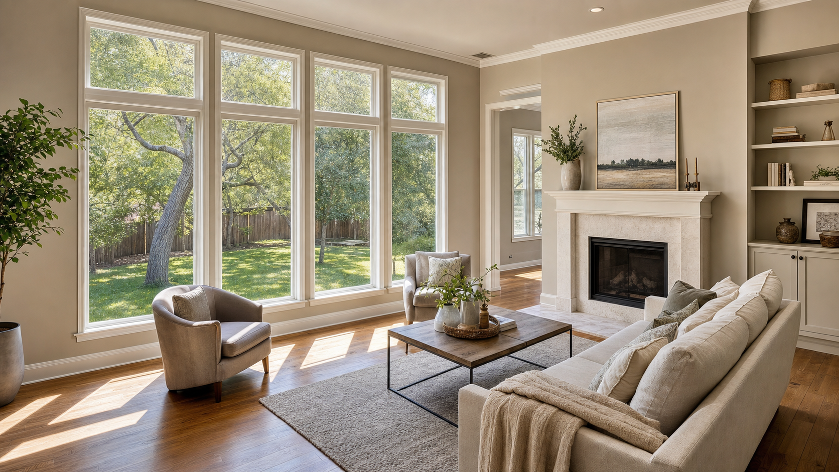 Bright Houston living room interior with tall double-hung windows looking onto a backyard with mature oak trees