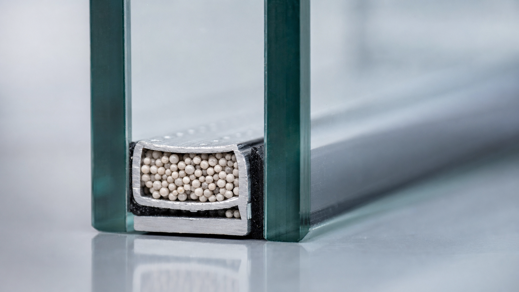 Macro close-up of an insulated glass unit edge showing the aluminum spacer bar and desiccant beads between two panes of glass