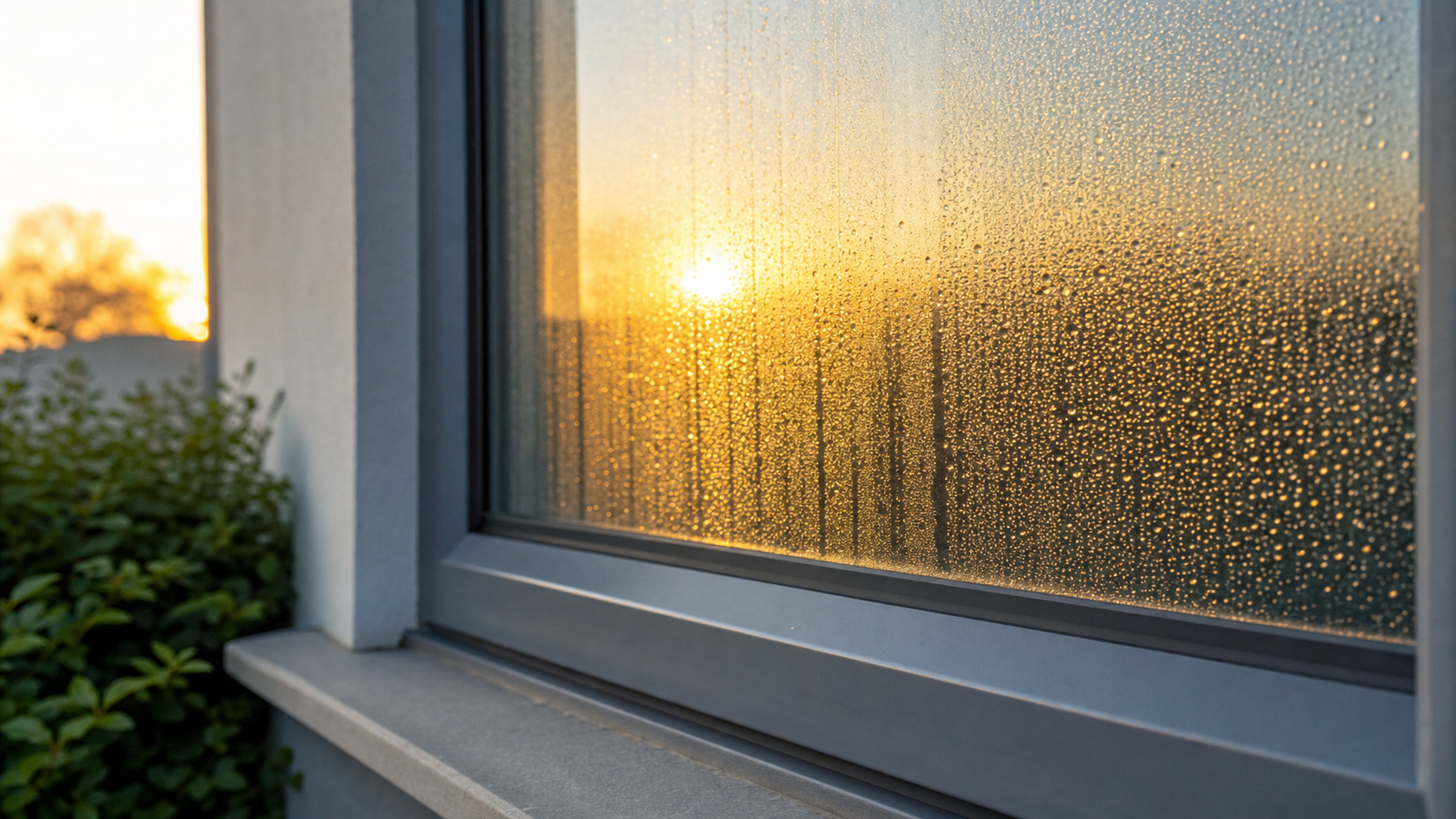 Exterior condensation on a residential window pane at sunrise catching warm gold light
