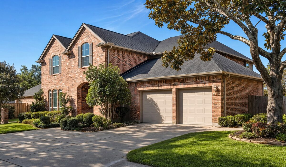 Two-story Houston brick home with seamless aluminum gutters and downspouts