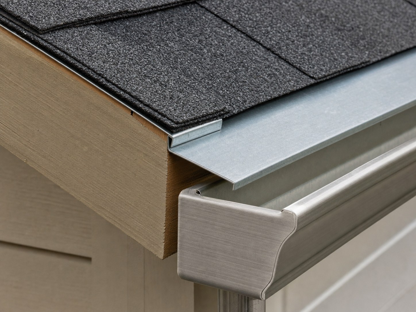 Cross-section detail of drip edge and gutter apron flashing at Houston roof eave