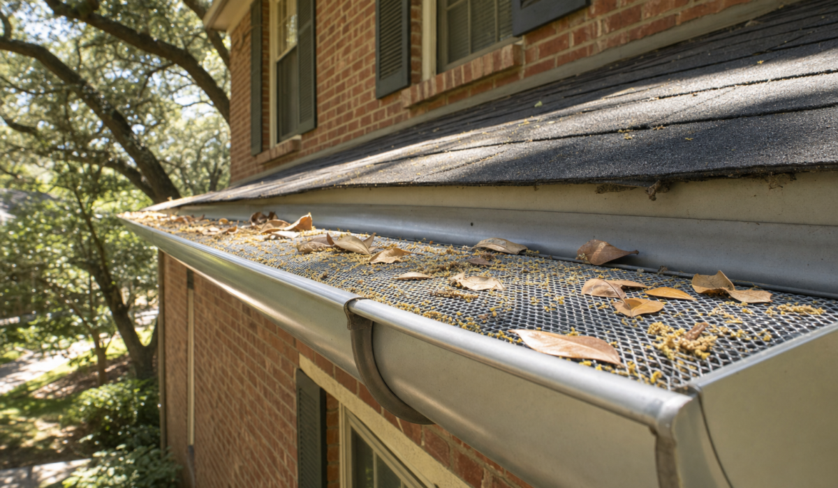 Aluminum gutter with micro-mesh guard collecting oak leaves and pollen on a Houston brick home under a live oak canopy