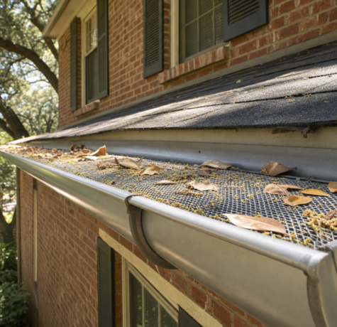 Aluminum gutter with micro-mesh guard collecting oak leaves and pollen on a Houston brick home under a live oak canopy