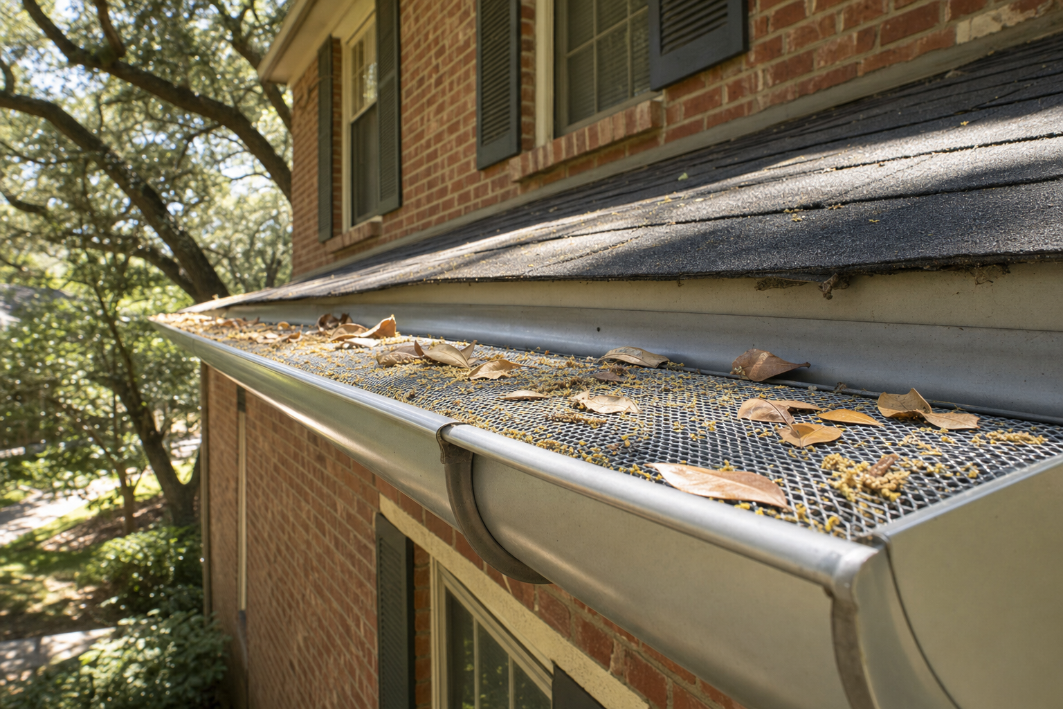 Aluminum gutter with micro-mesh guard collecting oak leaves and pollen on a Houston brick home under a live oak canopy